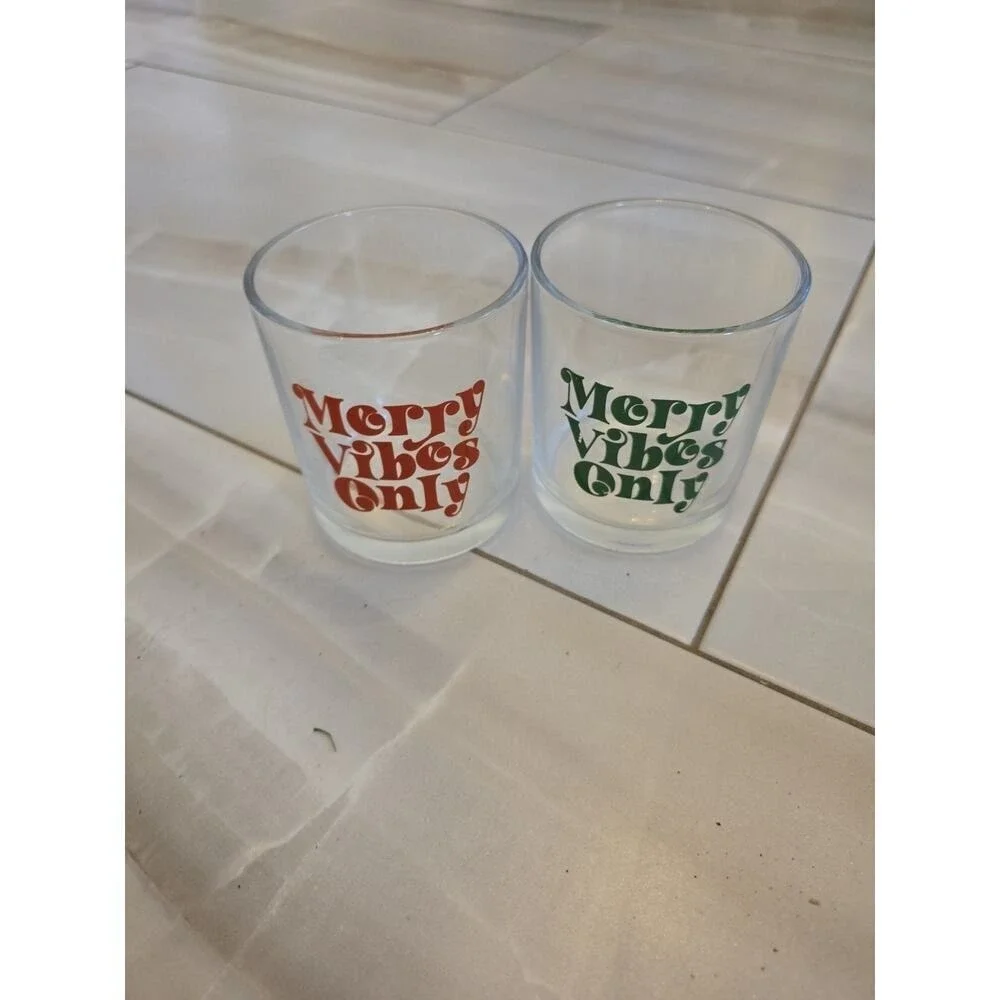 Set of 2 MERRY VIBES ONLY‎ Christmas Lowball Glass Tumblers 10.25 oz. Each